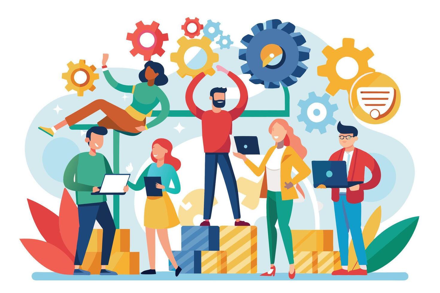 A diverse team of five people works together on a project, represented by interconnected gears. They stand on boxes and hold laptops, symbolizing their shared effort and progress. vector