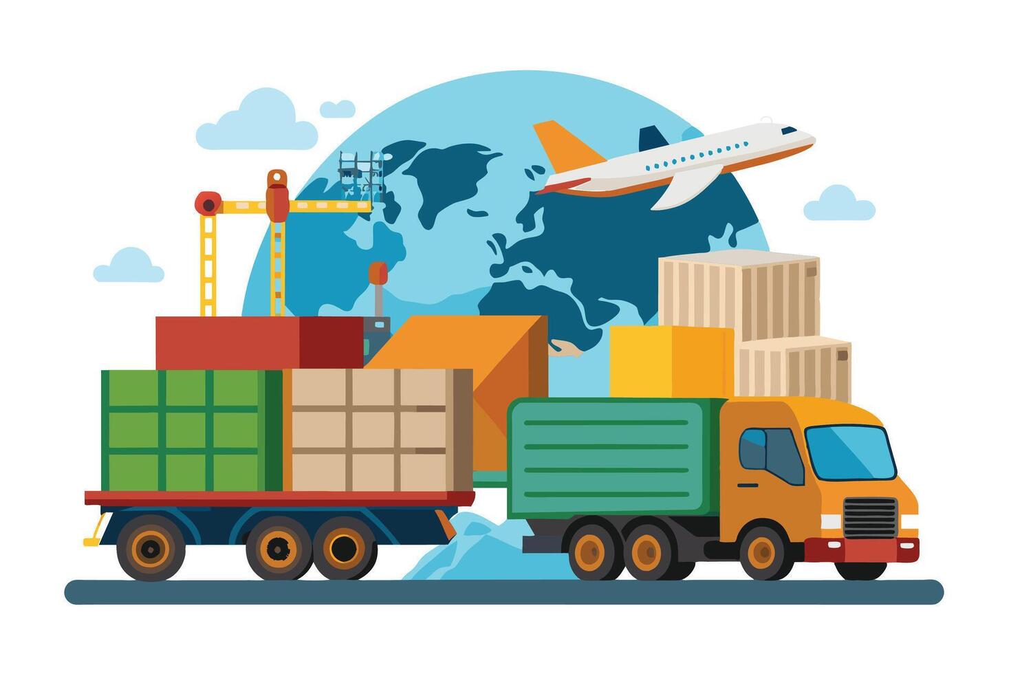 A digital illustration depicting global shipping with a truck carrying containers, an airplane flying over a world map, and a crane in the background. vector