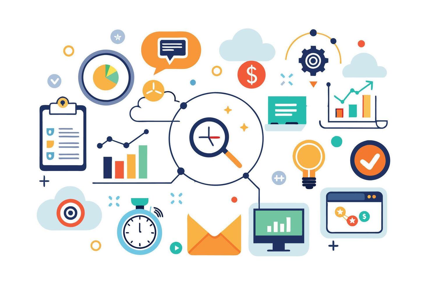 A vibrant illustration depicting a variety of time management and productivity strategies including goal setting, scheduling, and tracking progress. vector
