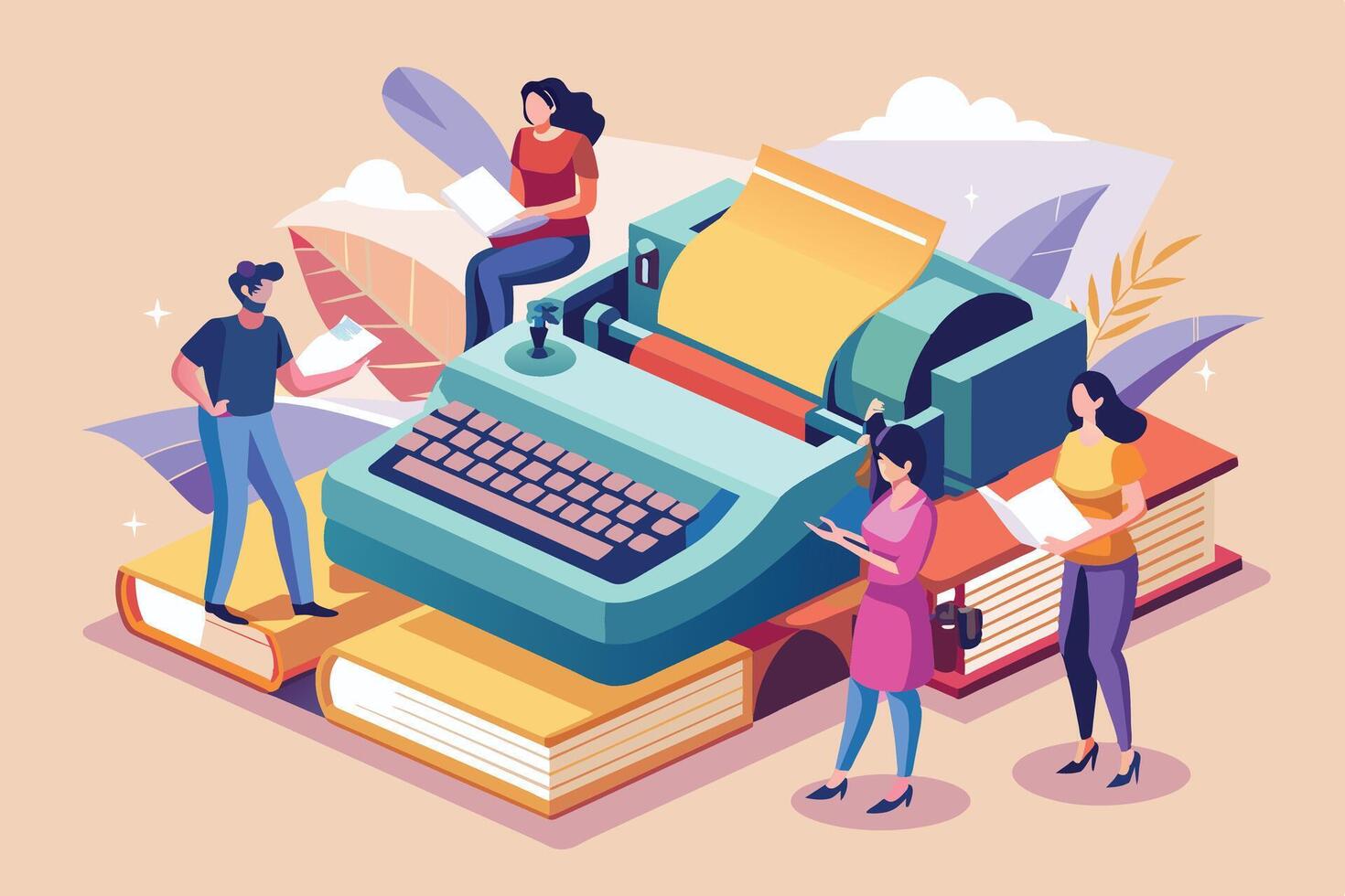 An illustration depicts four people working on a large typewriter. They are surrounded by books. vector