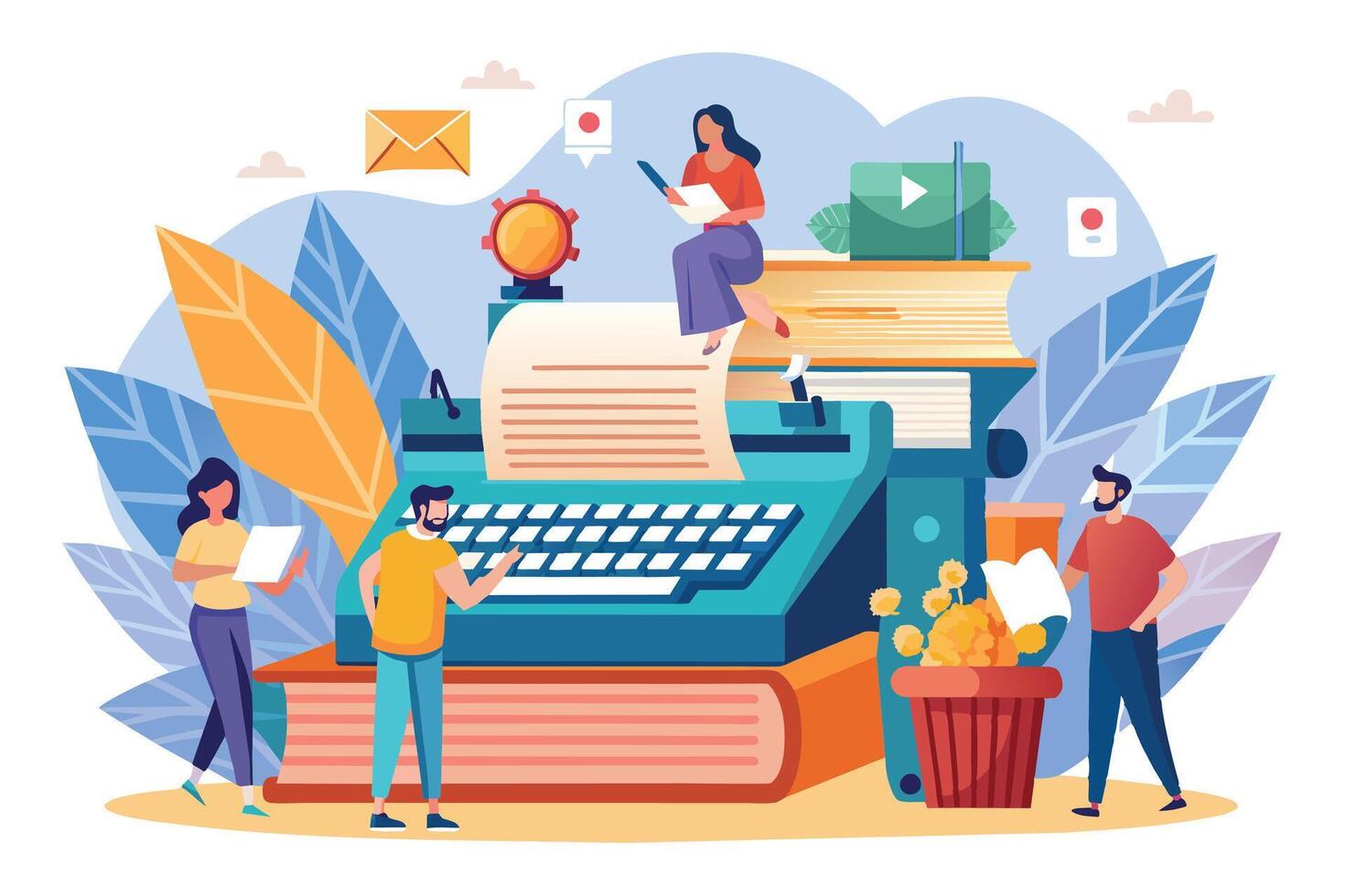 An illustration depicting a group of people collaborating on a creative writing project using a typewriter and books. vector