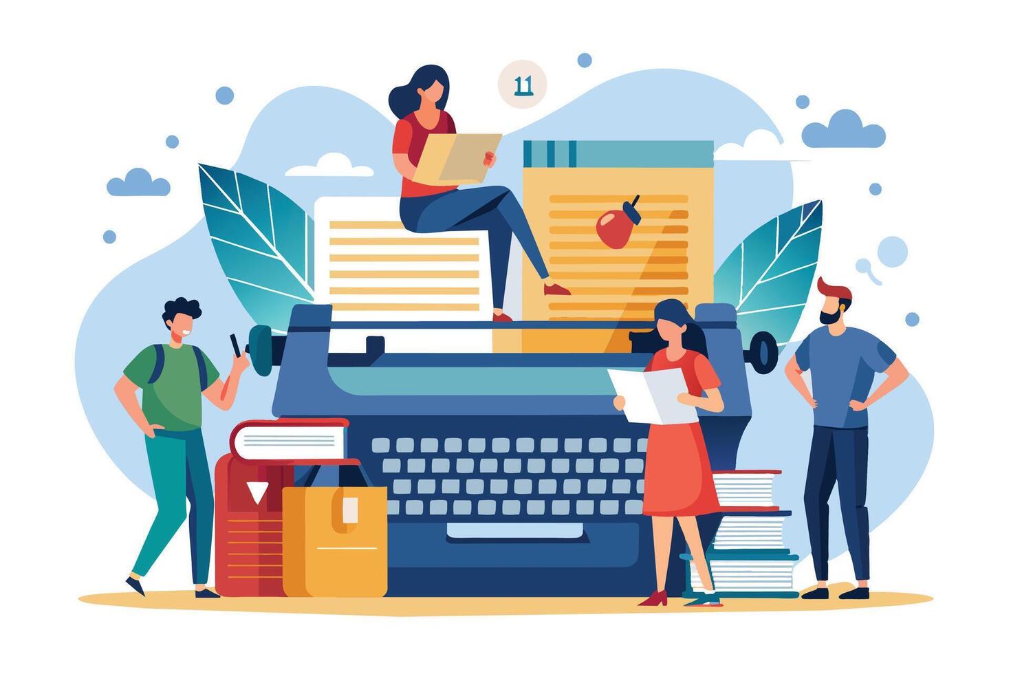 A cartoon illustration depicting four people working on a large typewriter, surrounded by stacks of books and papers. vector