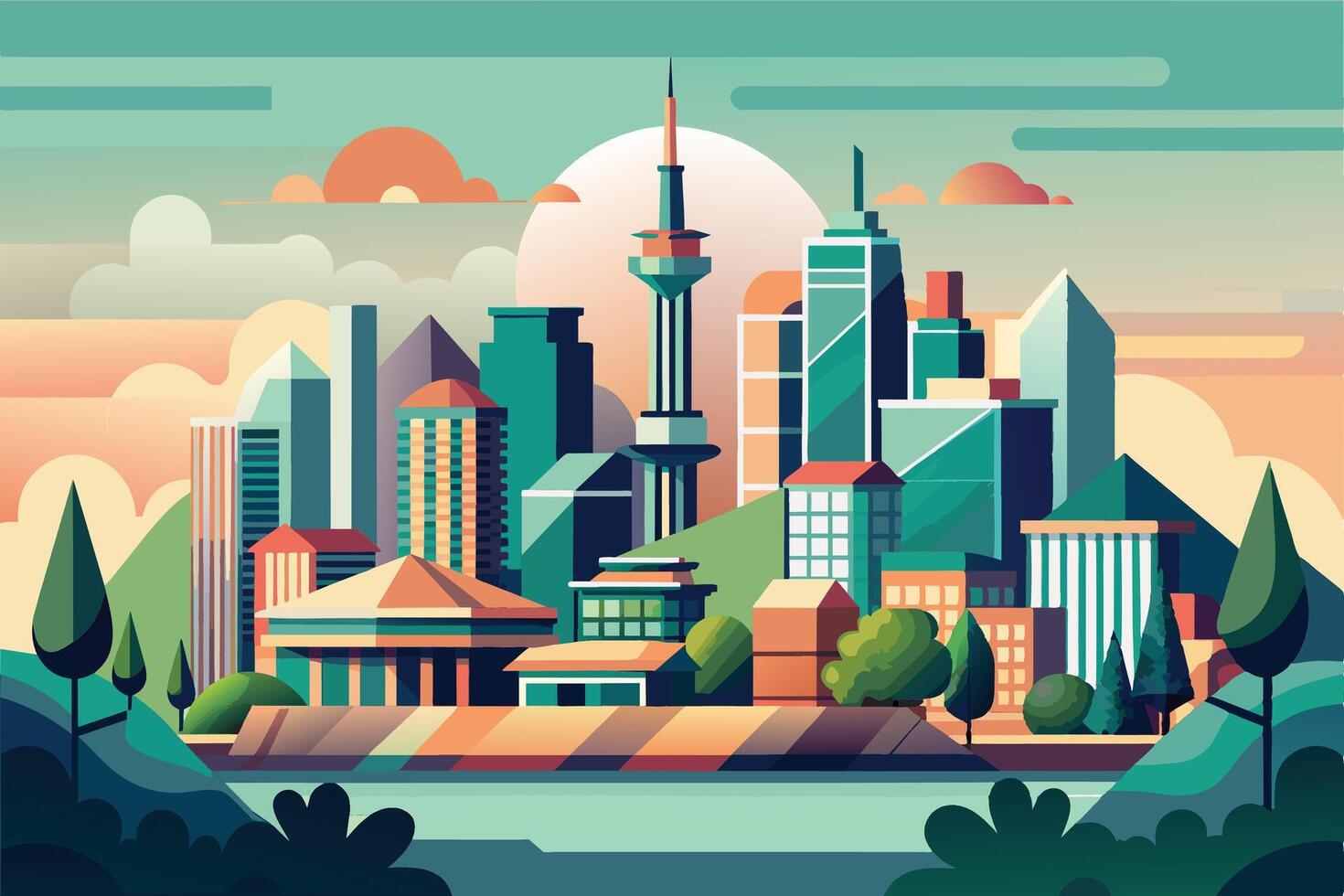 A colorful illustration of a modern city skyline with a tall tower and a river. The sunset is visible in the background, creating a warm and inviting atmosphere. vector