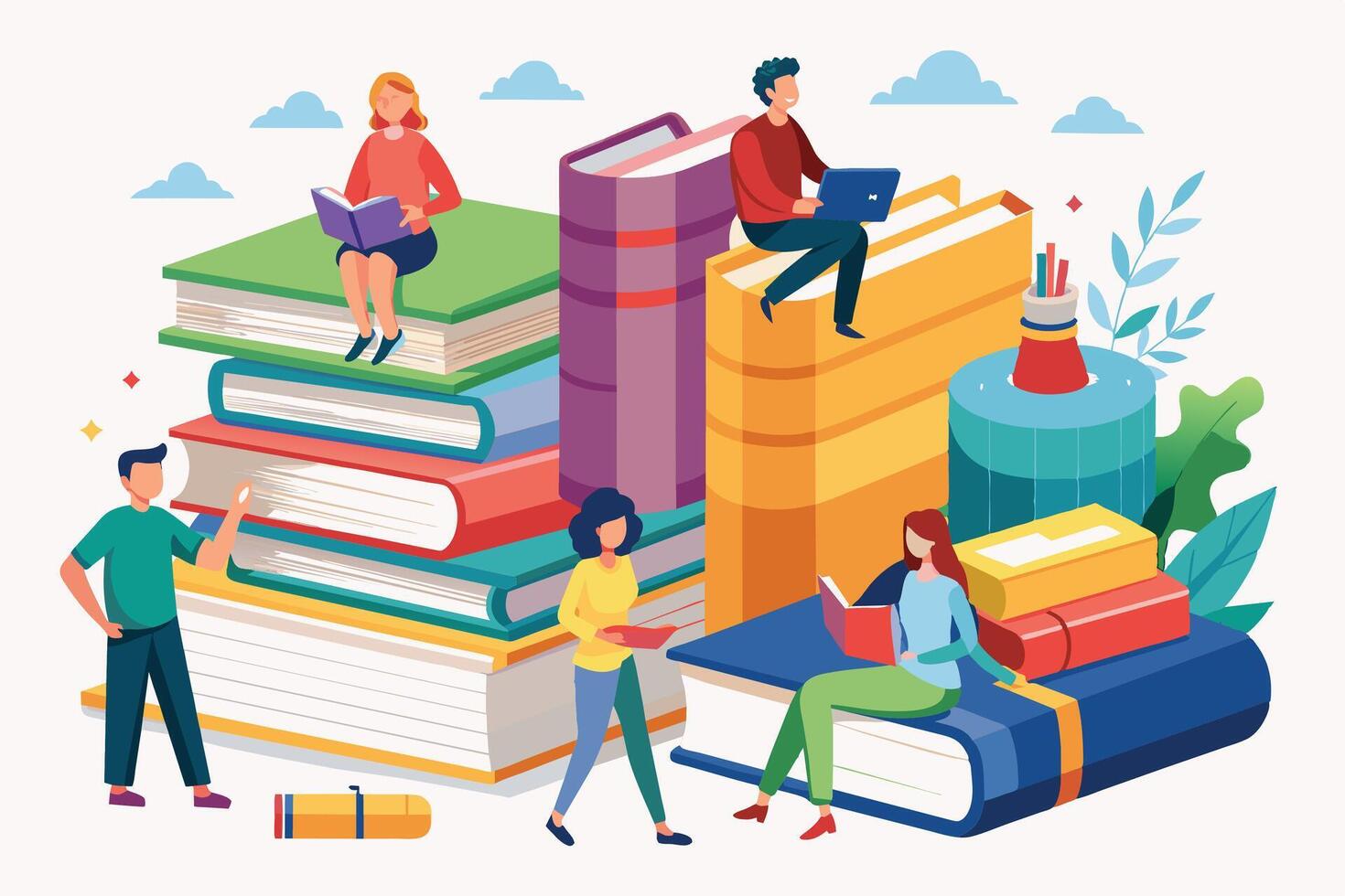 An illustration depicting various people engaging in activities related to learning and reading. vector