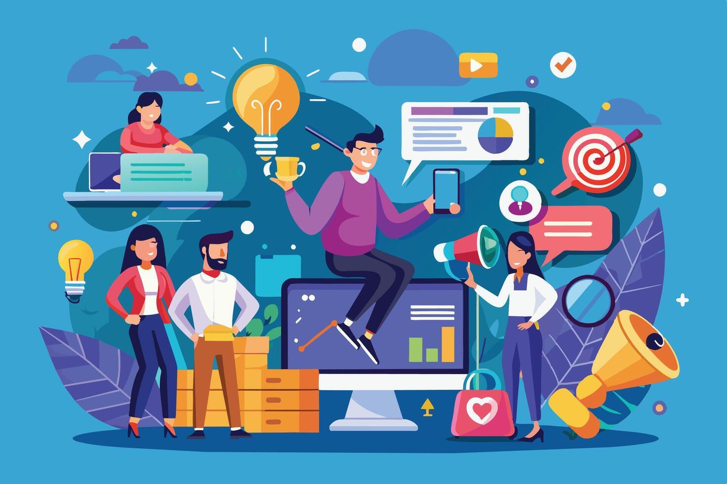 A group of four people celebrate their successful marketing campaign results, using digital tools such as a computer, smartphone, and megaphone. vector