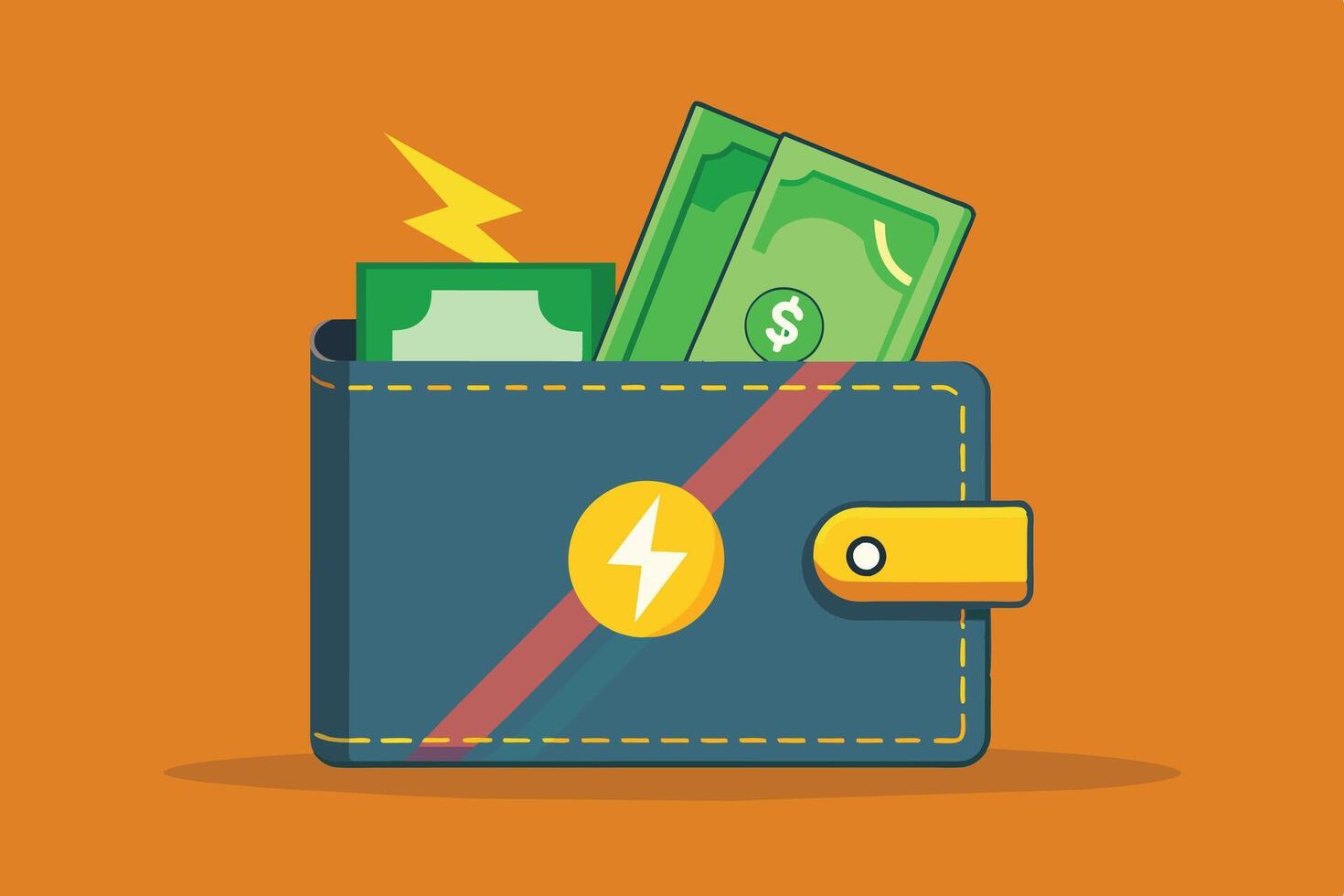 An illustration of a blue wallet with cash and a lightning bolt, representing fast and easy payments. vector