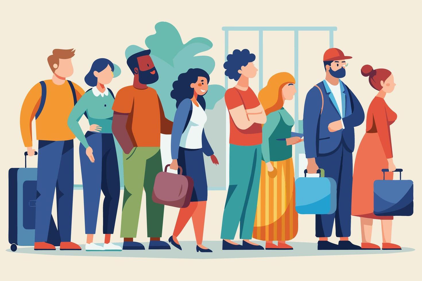 A group of diverse individuals, each with luggage, stand in line, likely at an airport or train station. vector