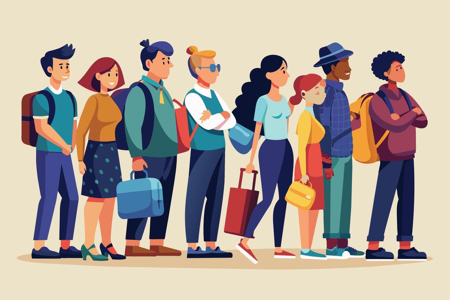 An illustration of a diverse group waiting at an airport with luggage, dressed casually and ready for a journey. vector