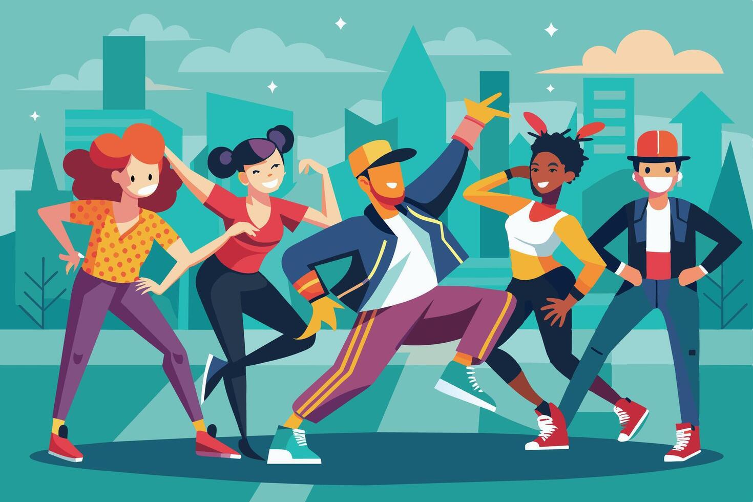An illustration depicting a diverse group of friends dancing together in a city park. vector