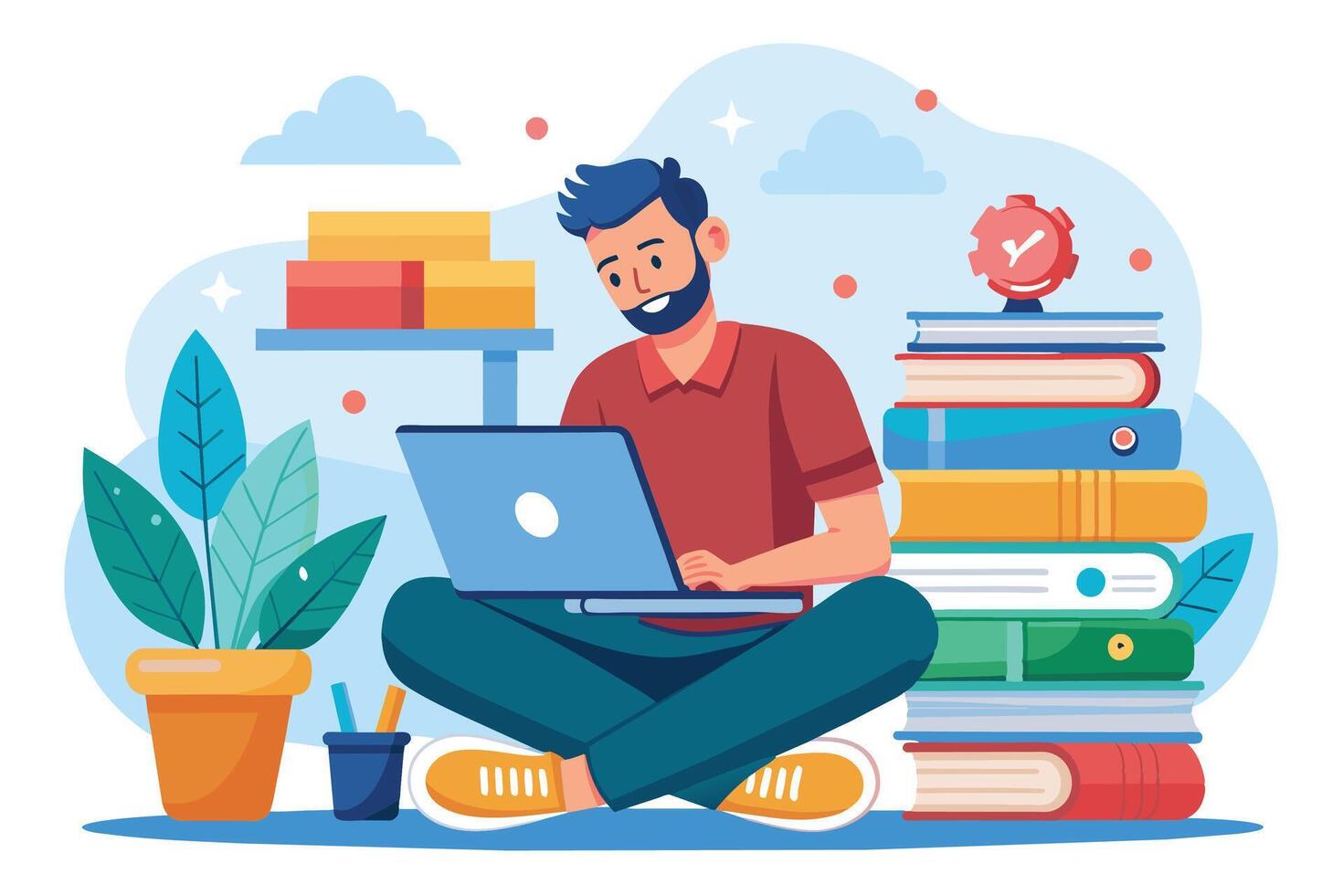 A man sits on the floor with his legs crossed while working on a laptop. A stack of books are behind him and a small potted plant is to his left. vector