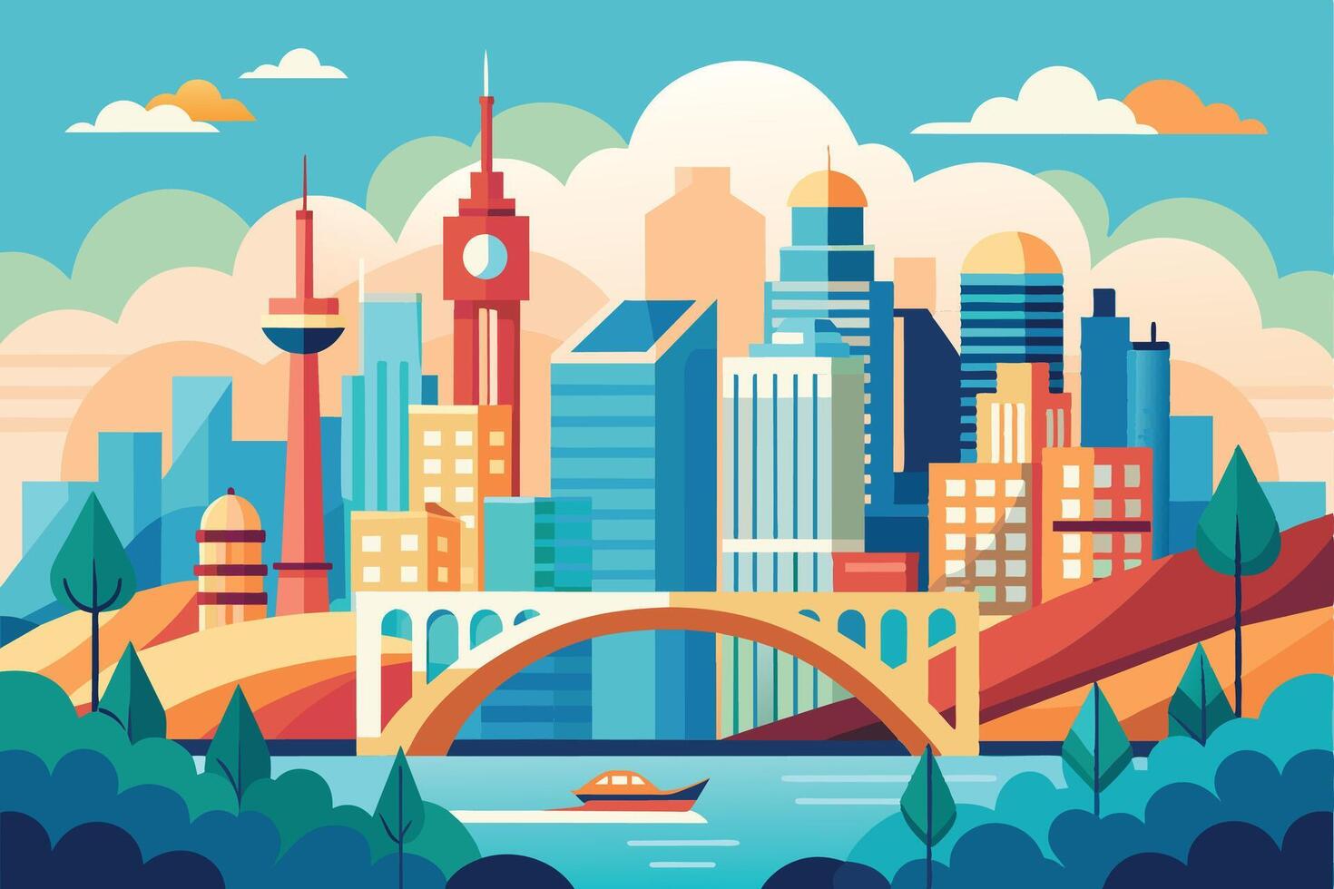 An illustration of a city skyline with tall buildings, a bridge, a boat, and trees. The cityscape is depicted in a colorful flat design style. vector