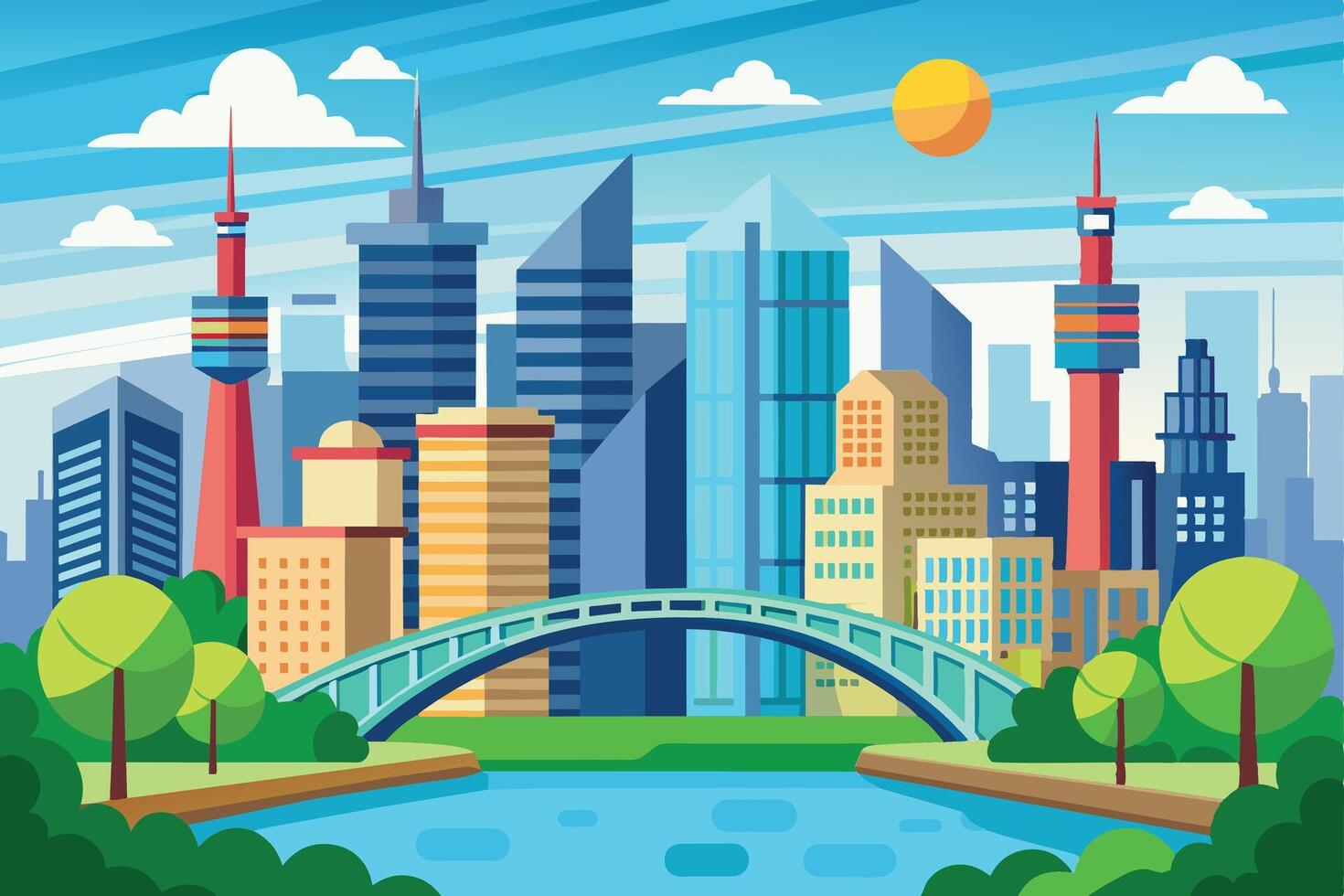 An illustration of a city with tall buildings, a bridge crossing a river, and green trees in the foreground. vector