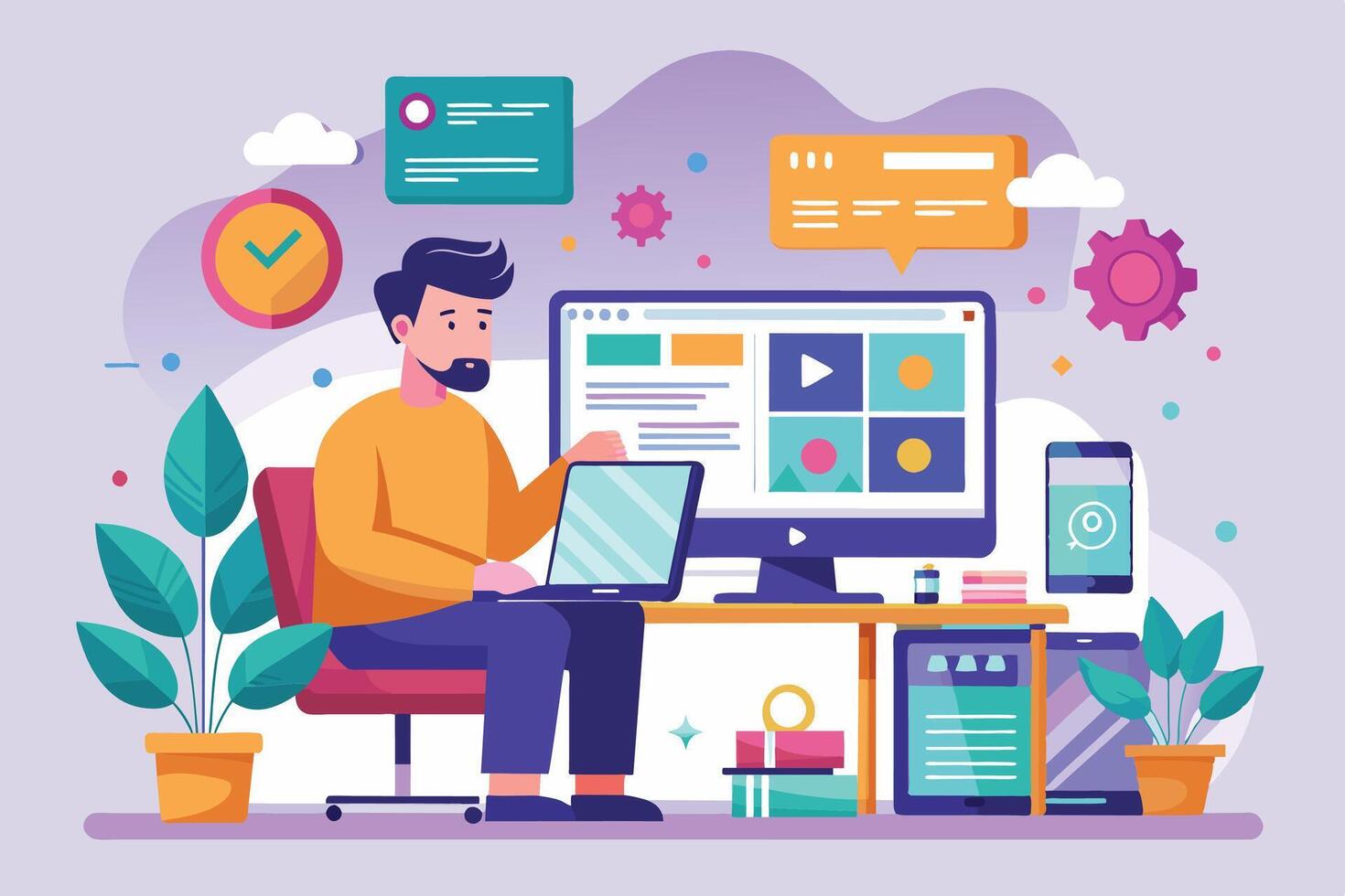 An illustration of a man working at his desk, using a laptop and desktop computer. There are multiple devices displayed on the desk, as well as plants and decorative elements. vector