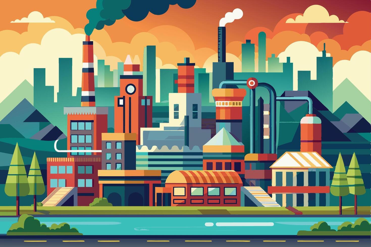 A colorful illustration of a city with an industrial complex in the background. The sky is a vibrant orange and yellow, suggesting sunset. vector