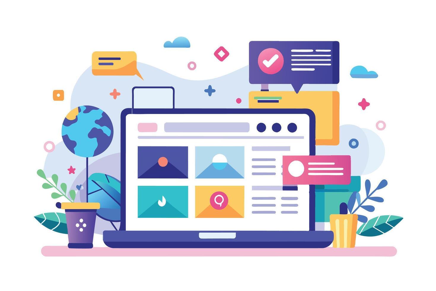An illustration of a modern laptop with a colorful website interface, featuring various illustrations and icons. vector