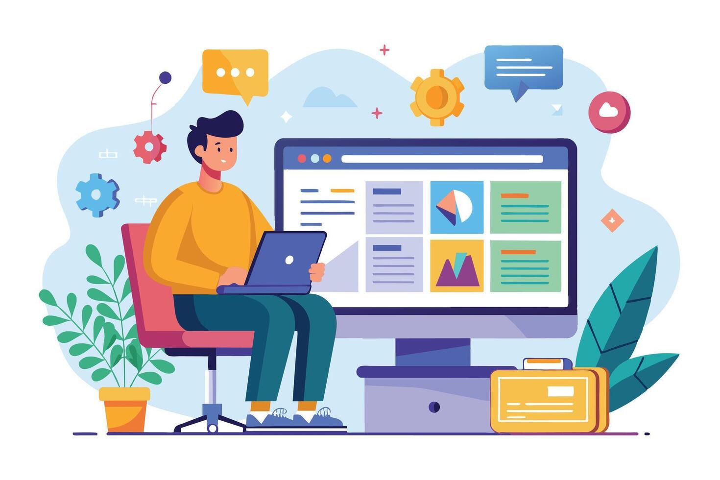 A man sits at a desk working on his laptop, surrounded by icons of gears, messages, and a cloud, symbolizing his connection to the online world. vector
