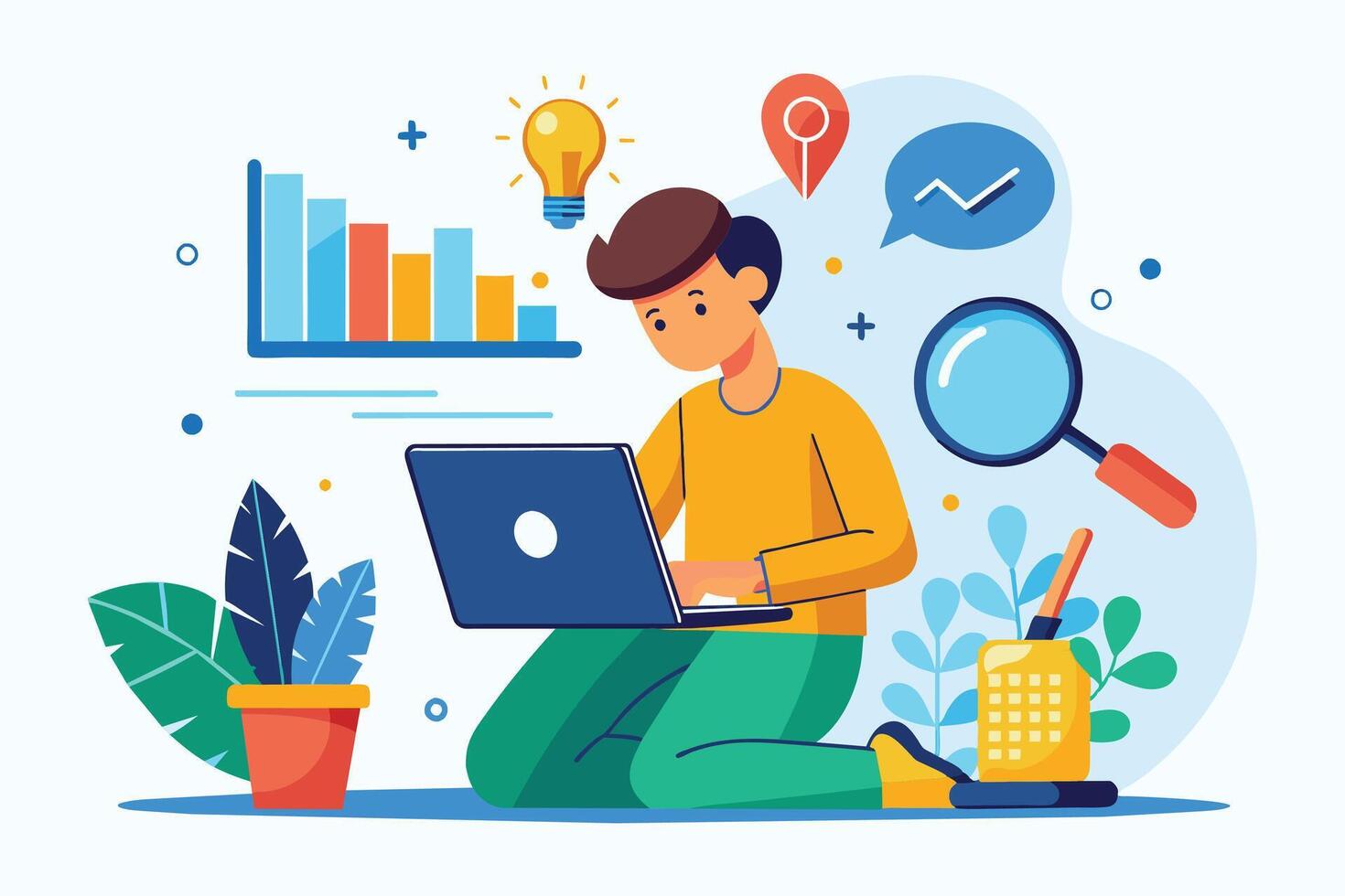 Illustration of a young man working on a laptop, surrounded by business data, graphs, and ideas. vector