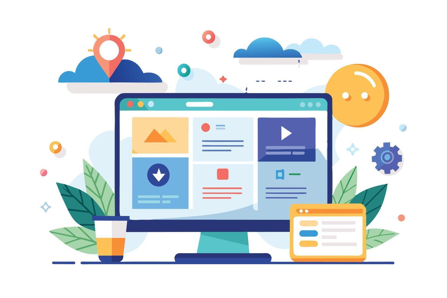 A modern desktop computer displays a website design with various icons, including a cloud, , and download. The image is a colorful illustration with a white background. vector