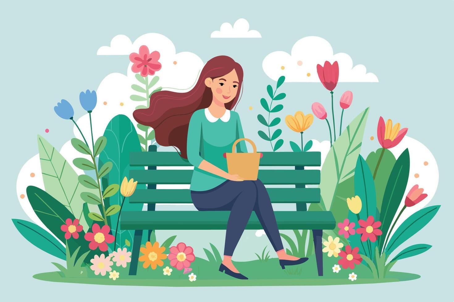 A woman with long brown hair sits on a bench in a lush garden, surrounded by blooming flowers and greenery. She is holding a small basket in her lap. vector