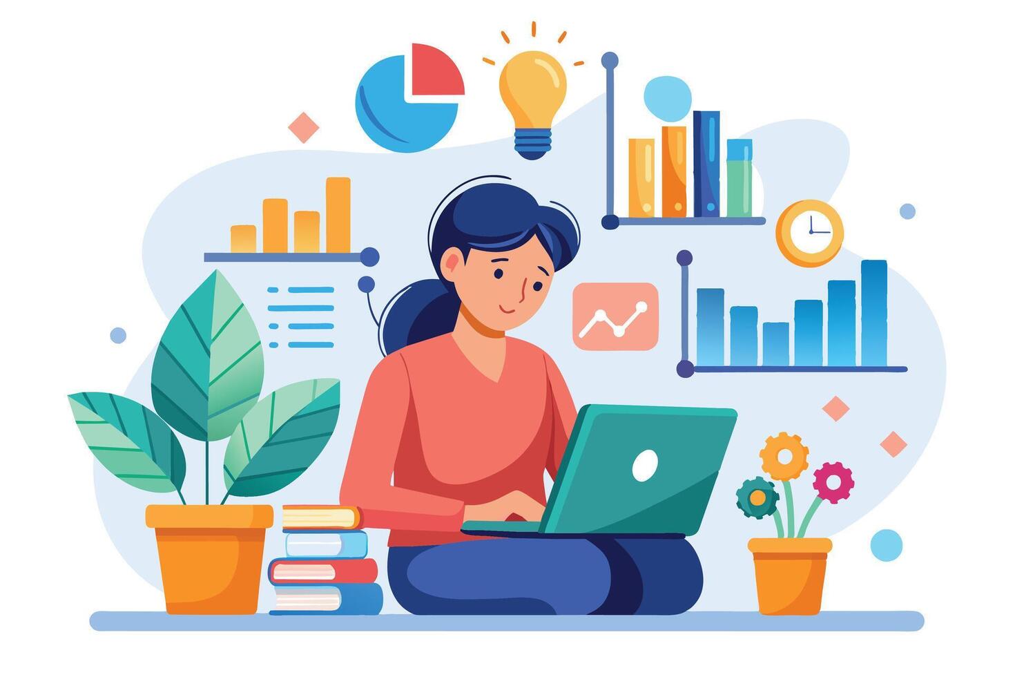 An illustration of a woman working on a laptop computer in a home office, surrounded by charts and graphs. vector