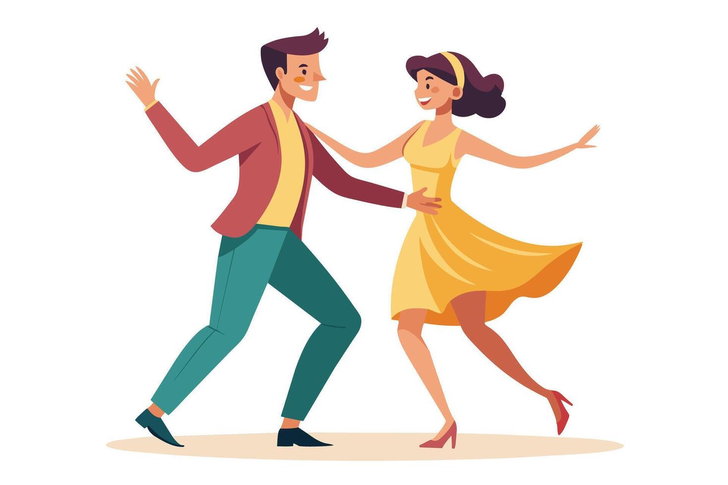 A man and woman are dancing together, with the man holding the womans hand and smiling. The woman is wearing a yellow dress, and the man is wearing a red jacket. vector