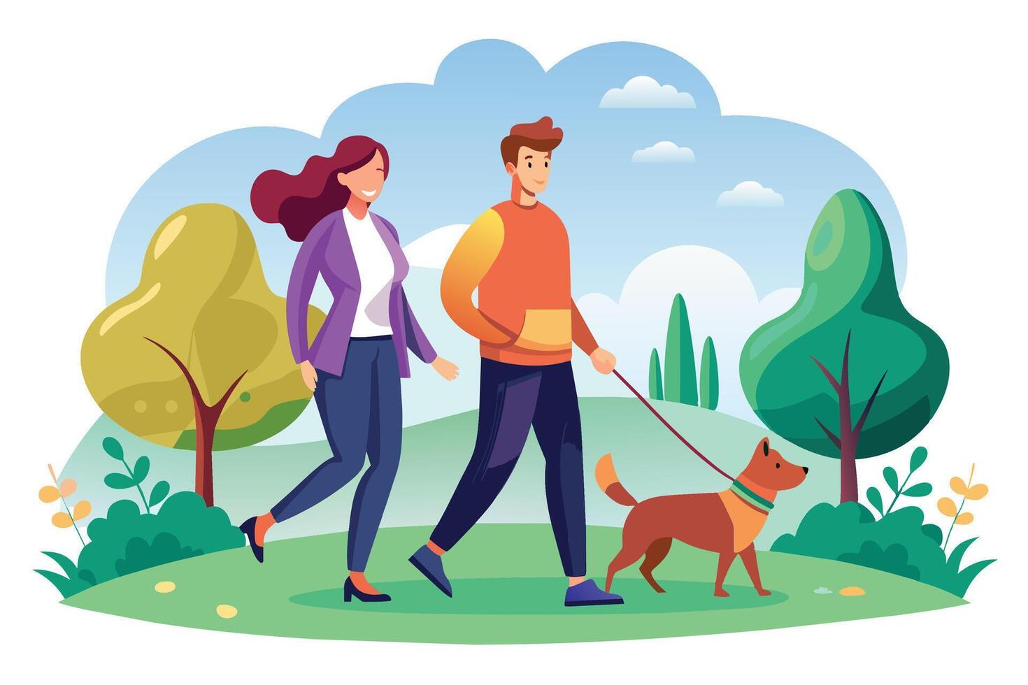 A smiling couple walks their brown dog on a leash through a green park. The sky is blue and there are trees in the background. vector