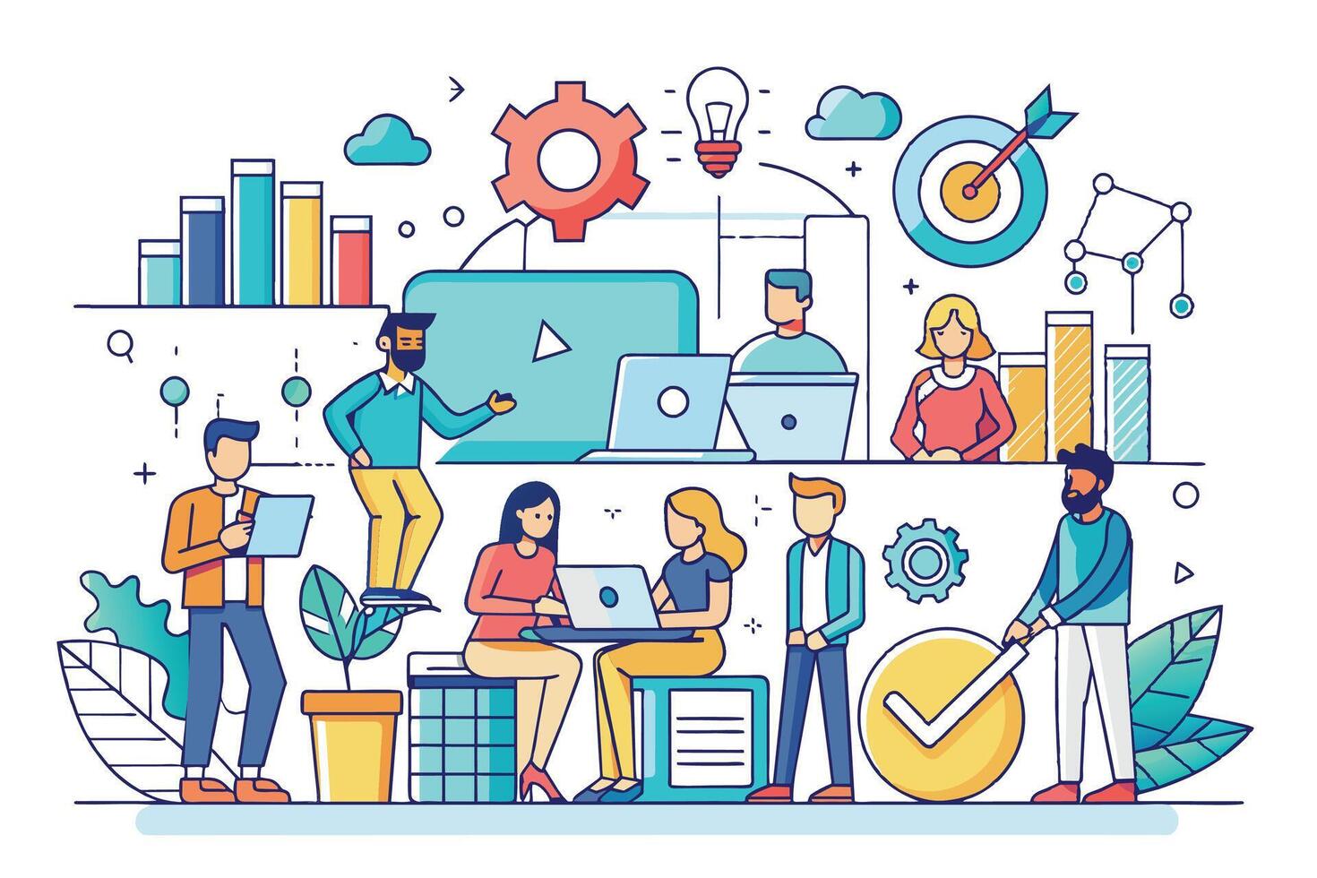 Illustration depicting a team of diverse individuals working together on a project, utilizing digital tools, data analysis, and creative problem-solving. vector