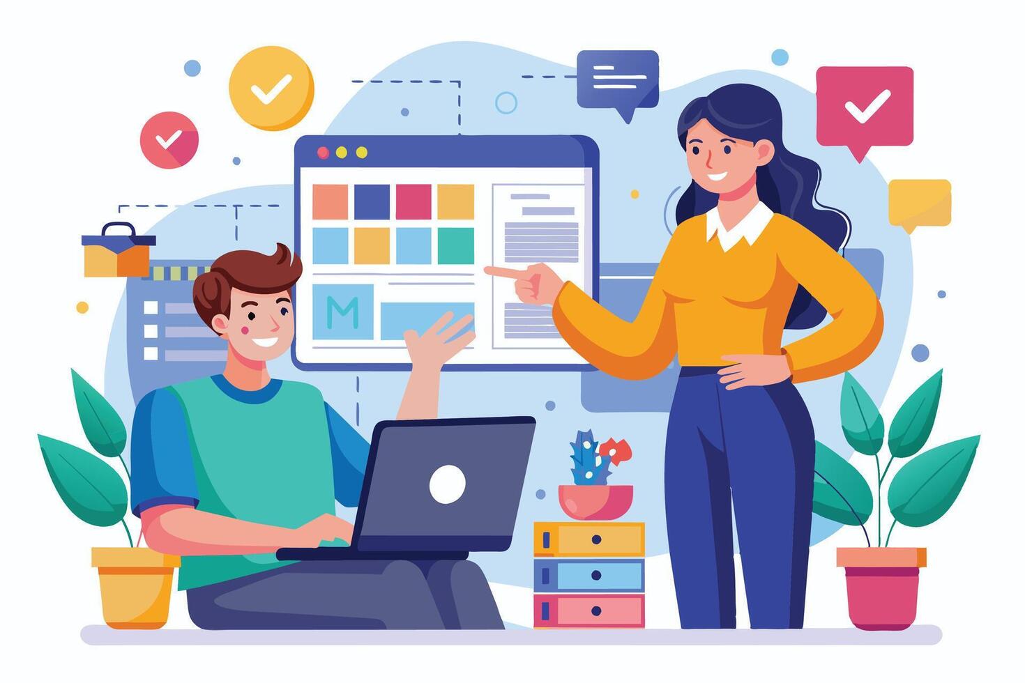 A woman points to a whiteboard, leading a meeting with a colleague. They both look happy and engaged in the discussion. vector