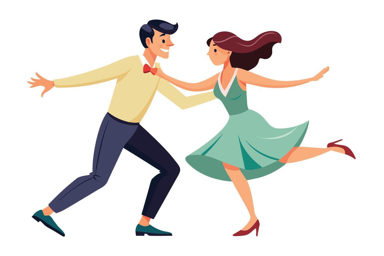 An illustration of a couple dancing the jitterbug, a popular dance style from the 1940s. The man wears a yellow shirt and bowtie, while the woman is in a green dress. vector