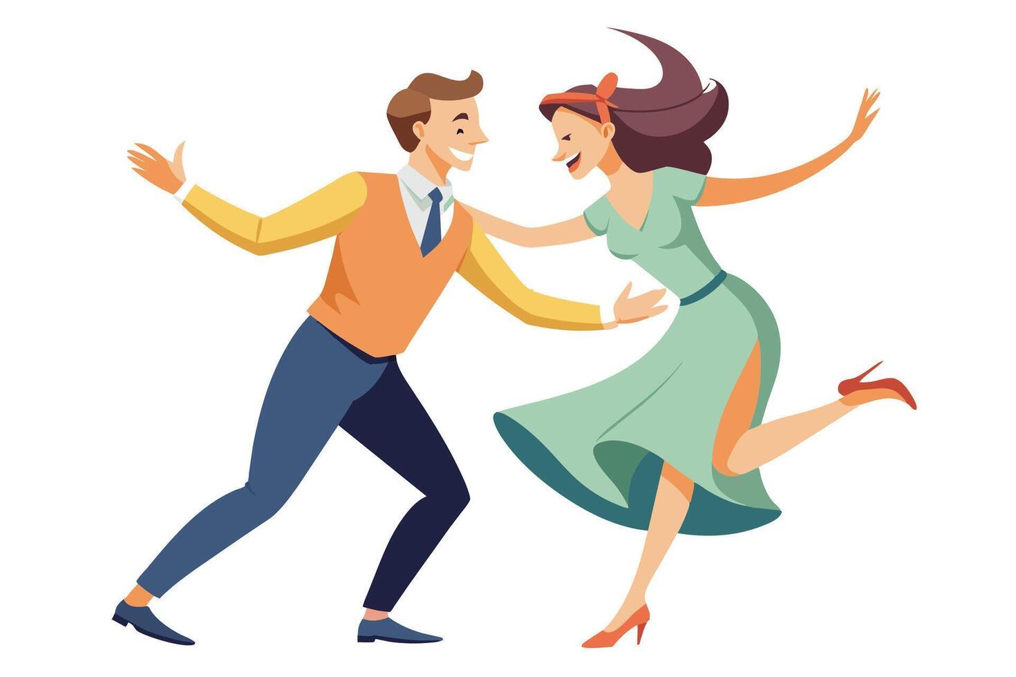 A cartoon illustration of a man and woman in vintage clothing dancing the swing. They are both smiling and having fun. vector