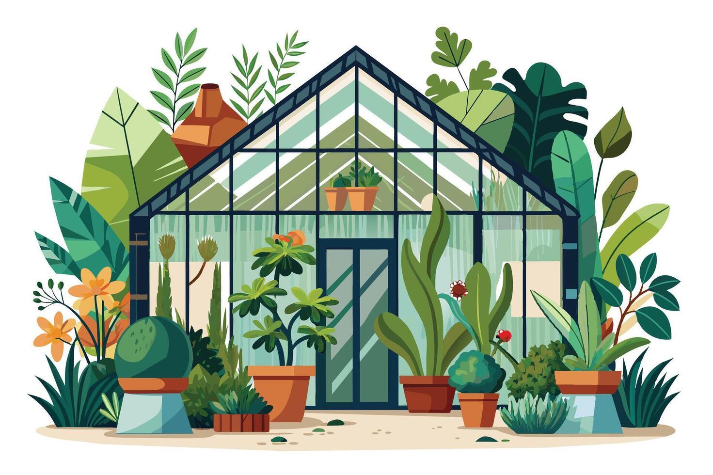 A green house with glass windows and doors stands surrounded by a variety of lush plants and flowers, creating a vibrant and flourishing scene. vector