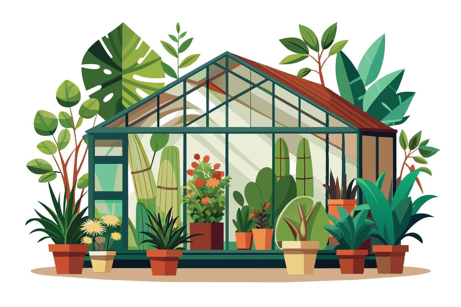 A cartoon illustration of a greenhouse with various green plants growing inside and outside the structure. vector