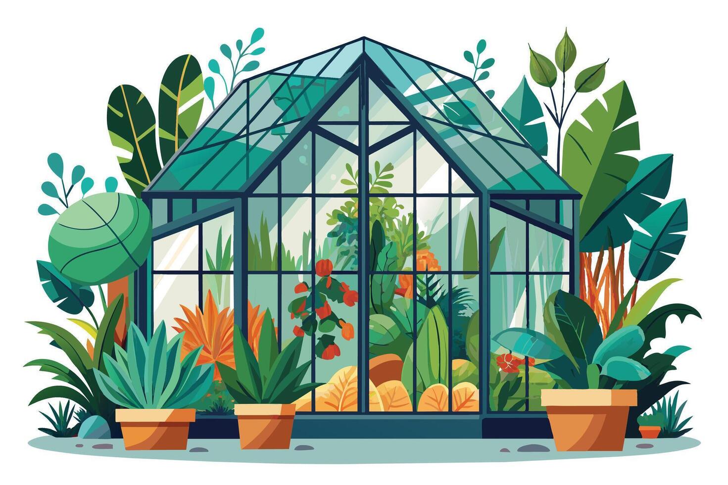 A cartoon illustration of a greenhouse full of plants and surrounded by various greenery. The glass structure is surrounded by lush foliage, and there are potted plants in the foreground. vector