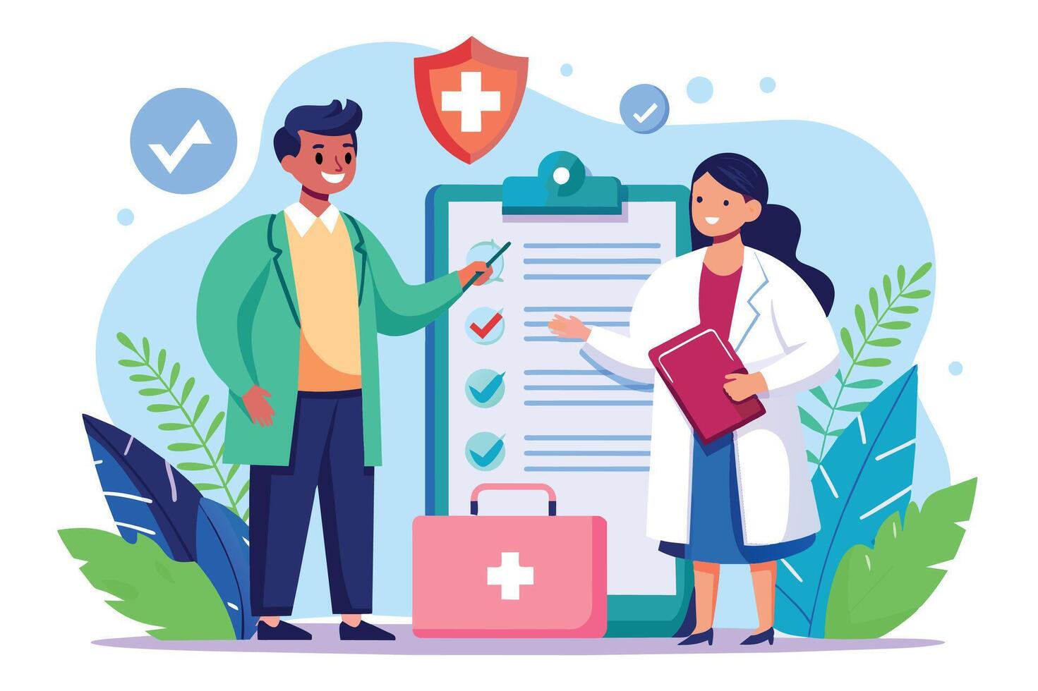 An illustration of a doctor and patient discussing a medical checklist with checkmarks. A first aid kit is on the table next to the clipboard. vector