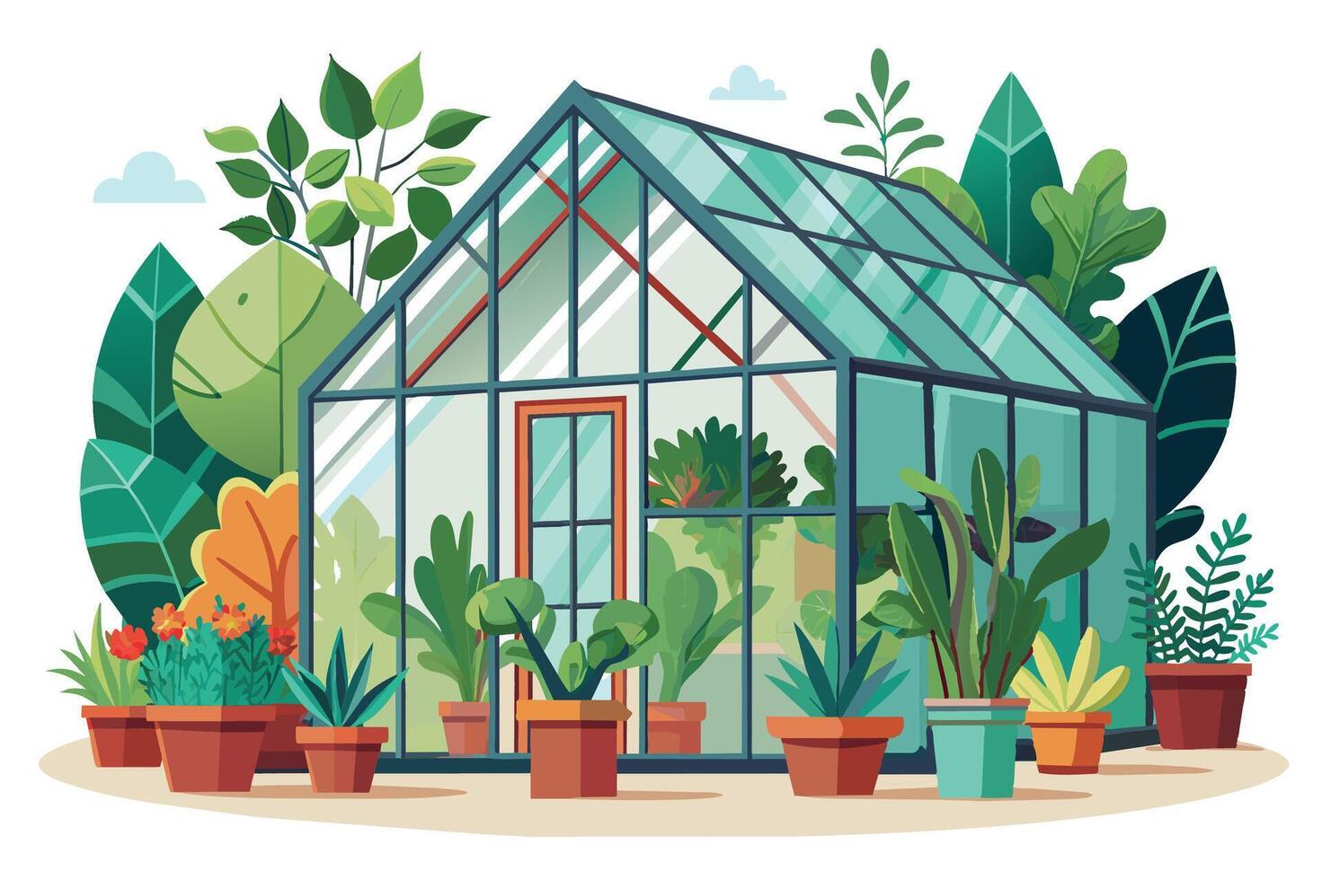 A cartoon illustration of a small, glass greenhouse with a glass roof and a wooden door, surrounded by various potted plants and bushes. vector