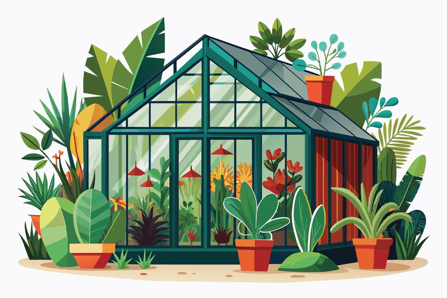 A colorful illustration of a glass greenhouse with many plants and flowers inside. The greenhouse is surrounded by a variety of tropical plants, including palm trees and ferns. vector