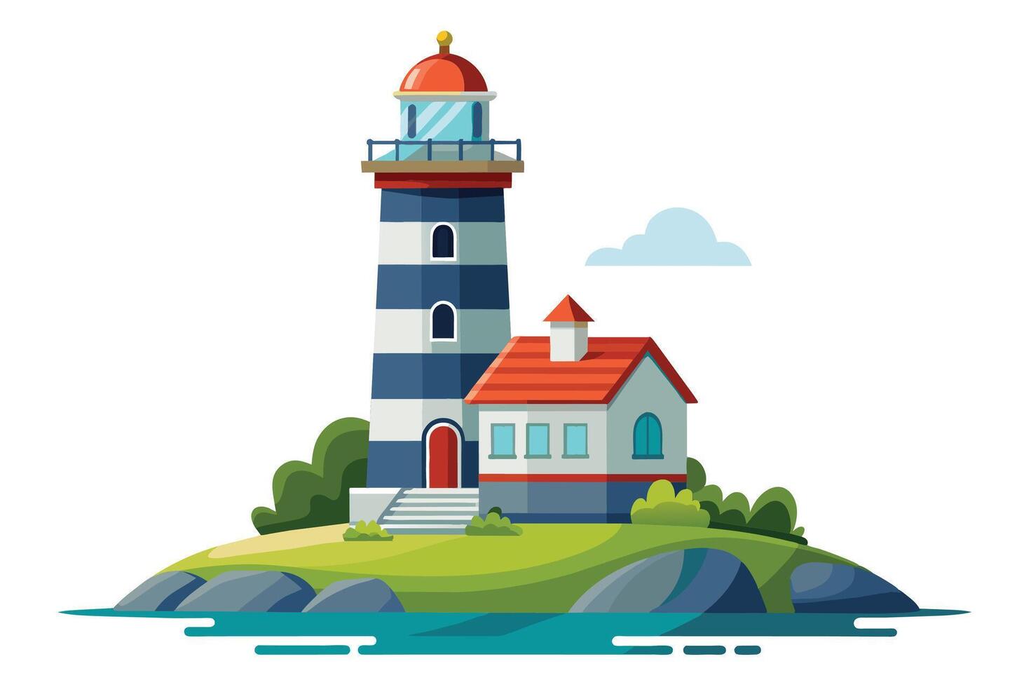 Illustration of a lighthouse with a red roof and blue and white stripes, a small cottage with a red roof, and a green island with blue water. vector