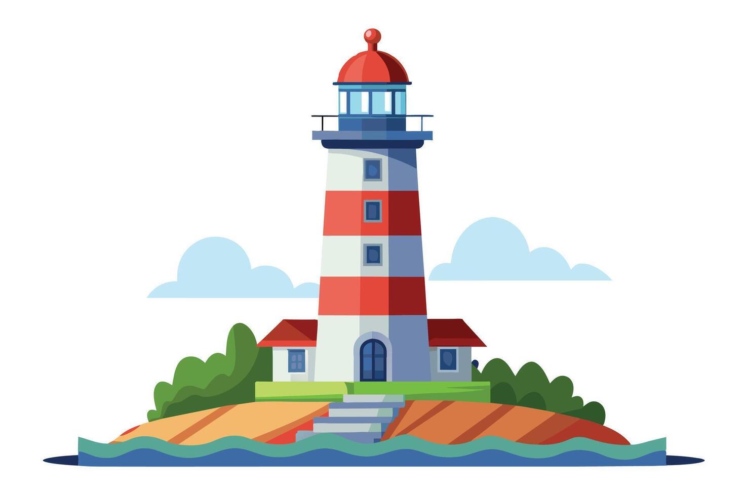 A cartoon illustration of a lighthouse on a small island with blue water and white clouds. vector