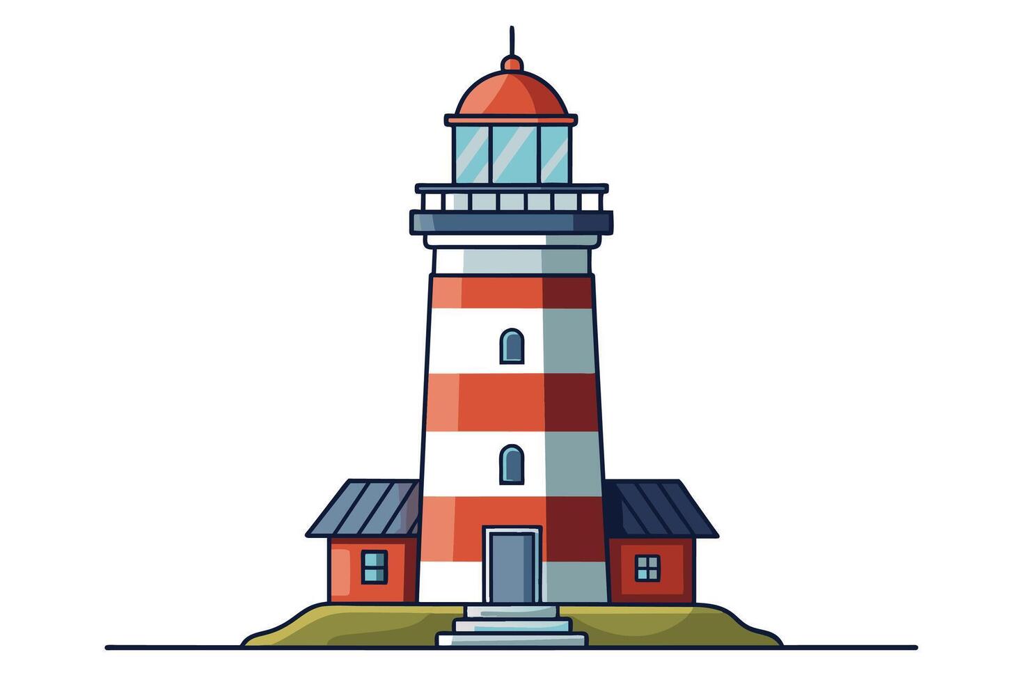 A red and white striped lighthouse stands on green grass, featuring a dome, balcony, and a small house with a black roof. vector