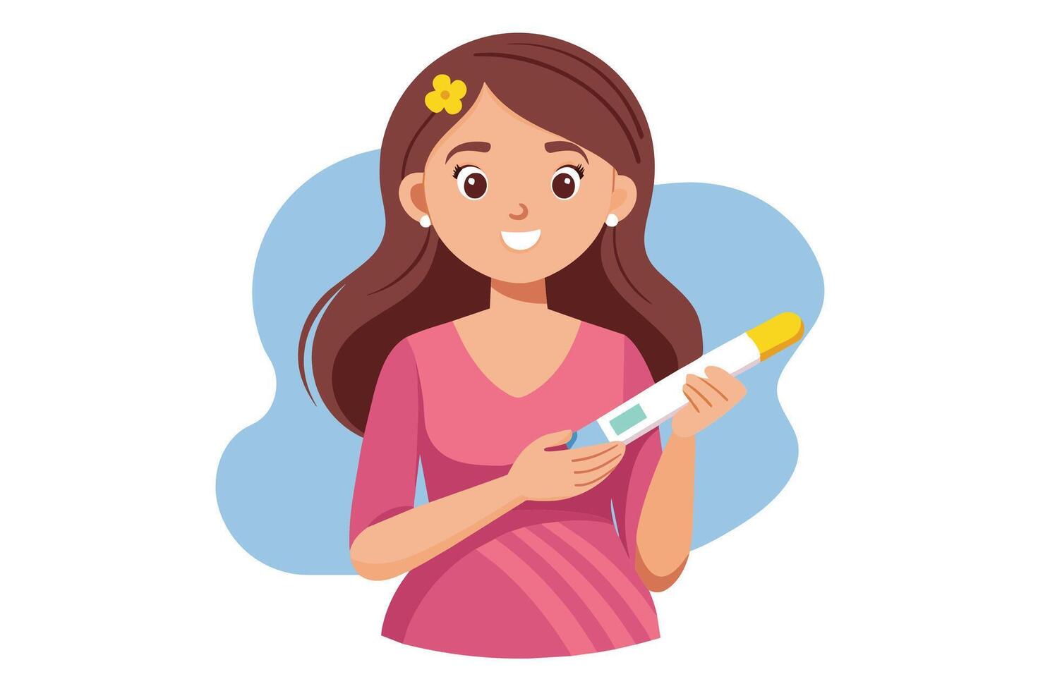 A woman with long brown hair holds a pregnancy test that shows a positive result. She is smiling and appears excited about the news. vector