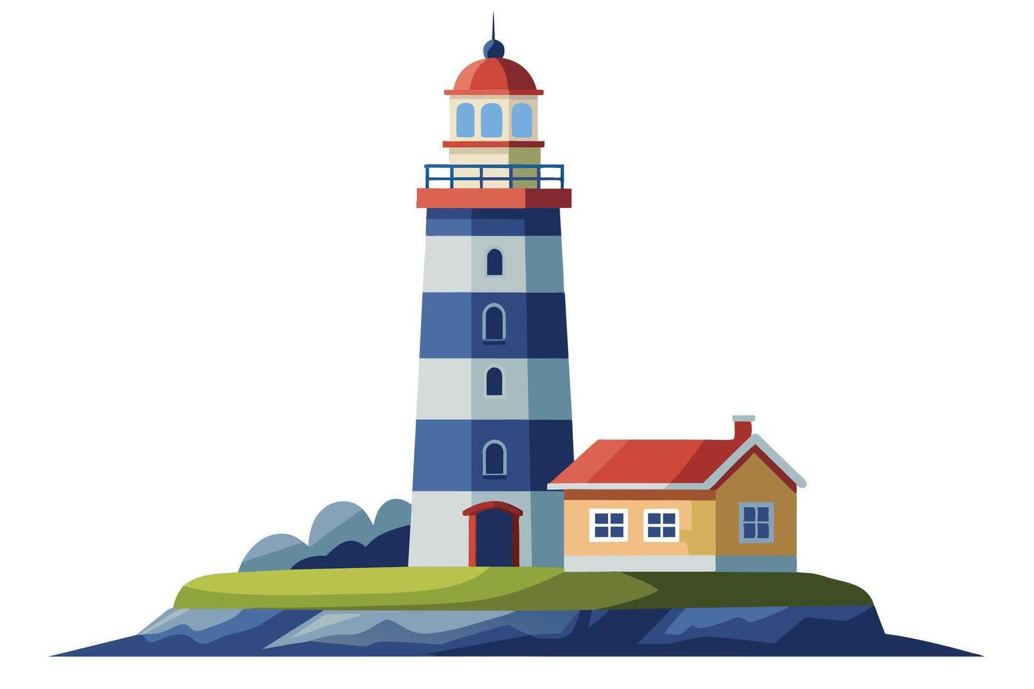 A cartoon illustration of a tall blue and white striped lighthouse standing on a small island with a small yellow house next to it. vector
