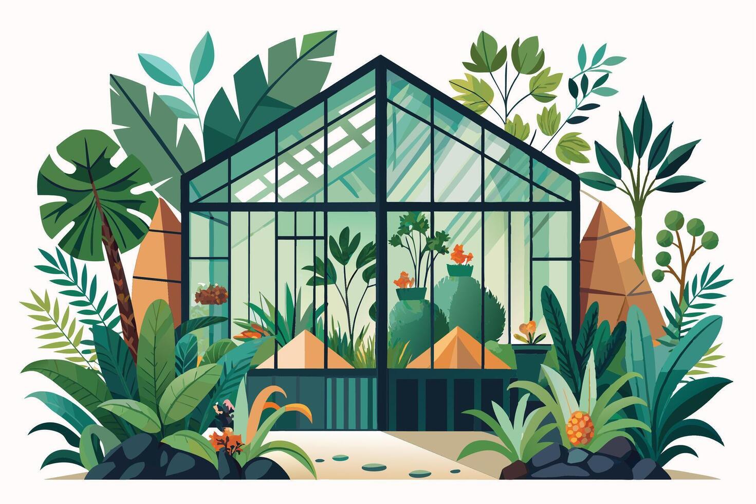 A colorful illustration featuring a large greenhouse surrounded by a variety of tropical plants. vector