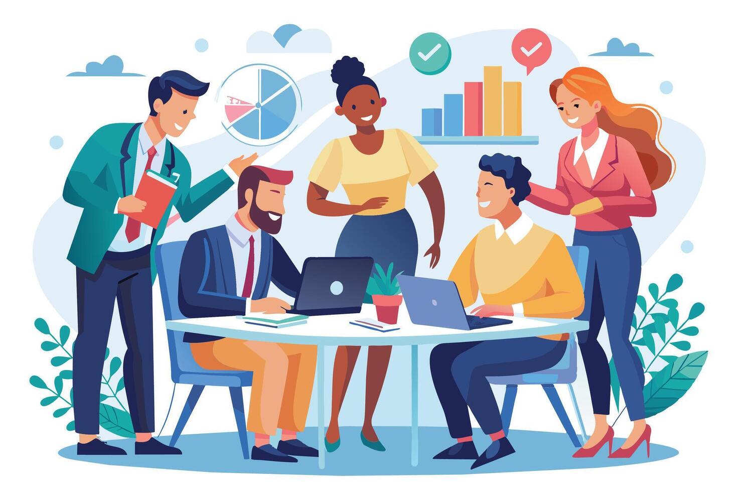 A diverse team of four people are gathered around a table, working on laptops and discussing business strategies with charts and graphs in the background. vector