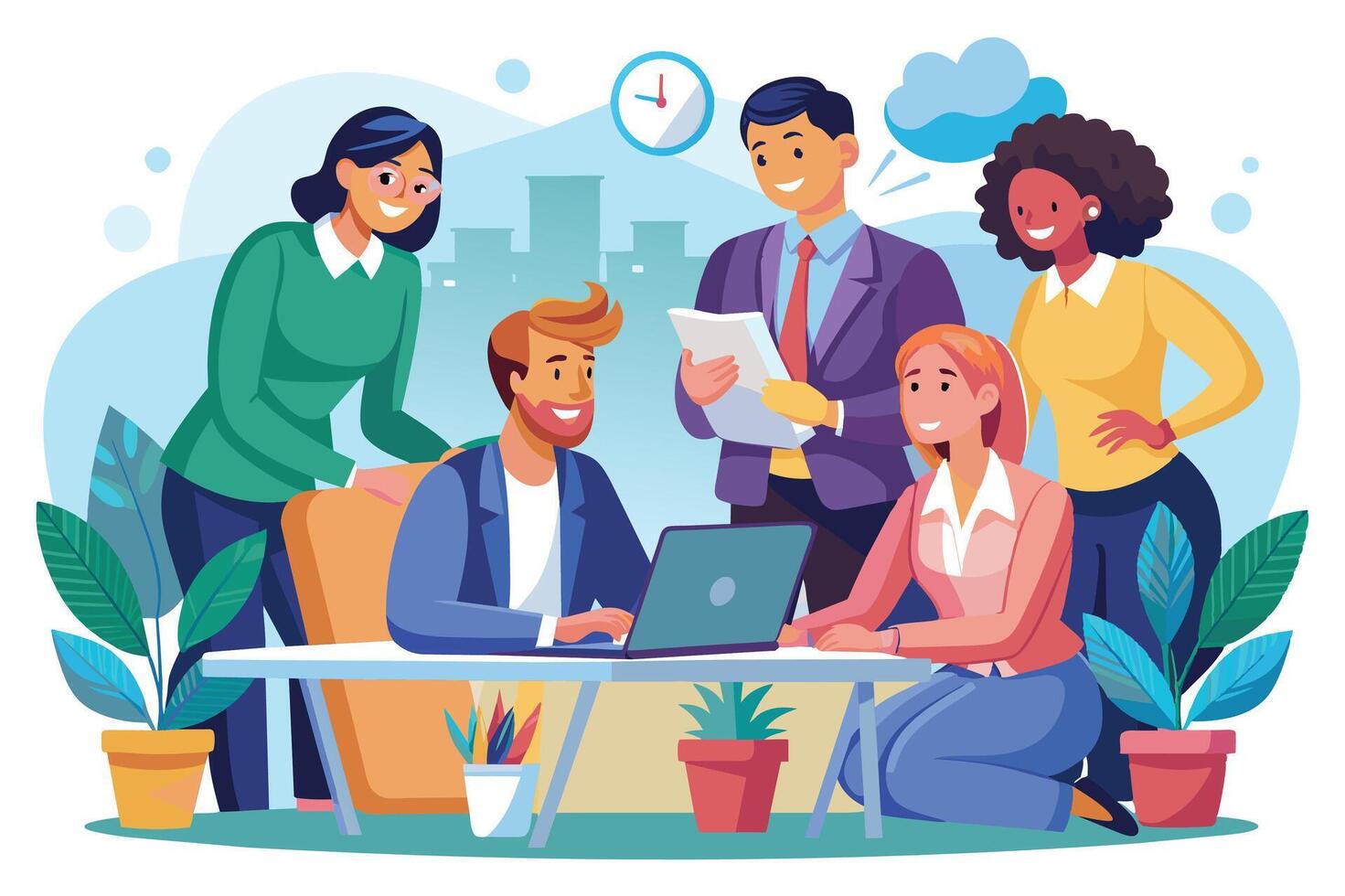 A group of smiling office workers stand around a desk, collaborating on a project. One worker is using a laptop, while another is holding documents. vector