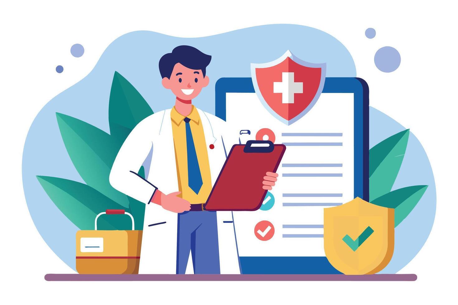 An illustration of a doctor holding a clipboard with a checklist and a shield with a checkmark, symbolizing health insurance or medical coverage. vector