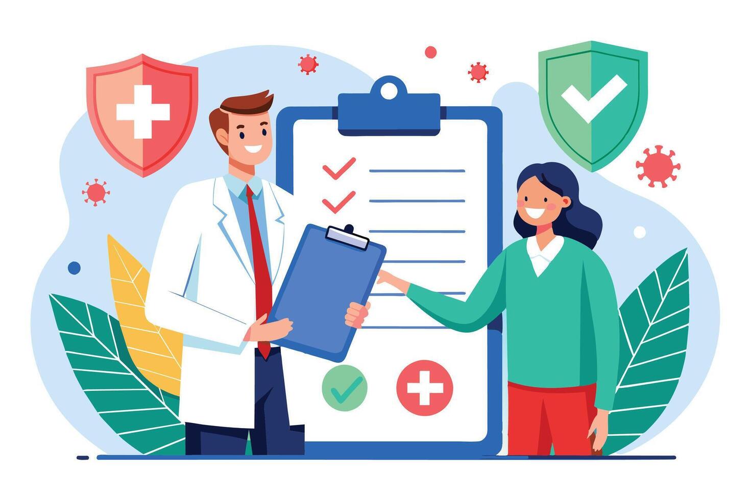 A doctor reviews a checklist with a patient, ensuring they have taken the necessary steps to protect their health. vector