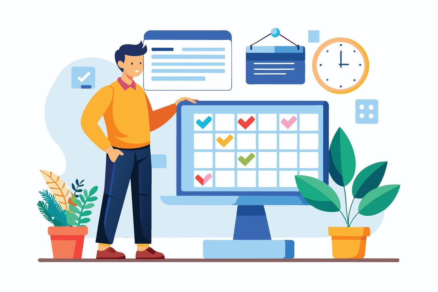 A man stands beside a large computer screen displaying a calendar with several checkmarks, indicating completed tasks. vector