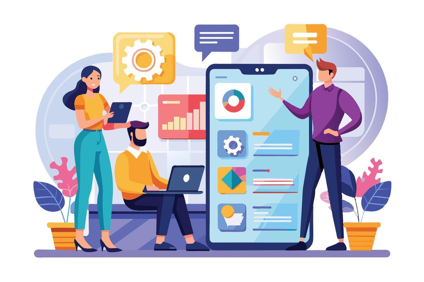 A team of three professionals are collaborating on the design and development of a mobile application, as depicted in an illustration. vector
