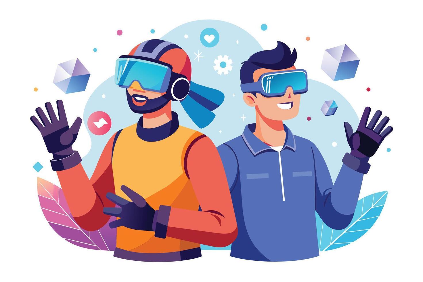 Two men wearing virtual reality headsets are interacting with a virtual world. They are both smiling and appear to be enjoying the experience. vector