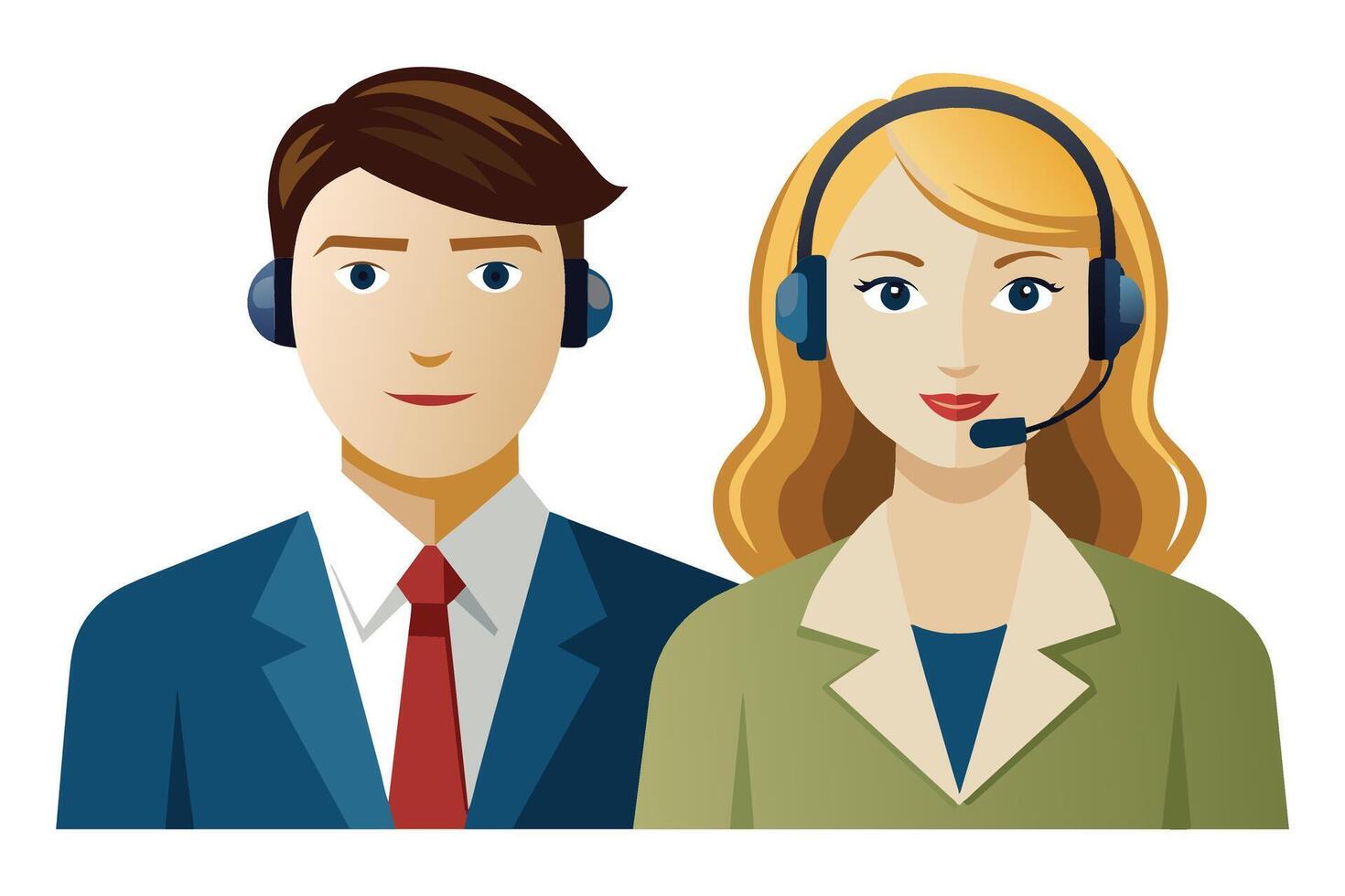 Illustration of two customer service representatives wearing headsets, a man in a blue suit with a red tie and a woman in a green jacket, both smiling and looking at the camera. vector